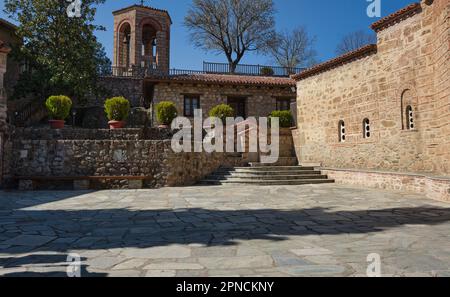 Courtyard inside the Monastery of Great Meteoron in Spring, Meteora, Greece Stock Photo