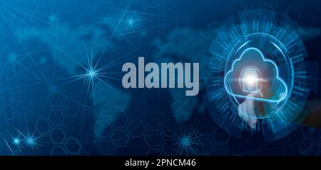 futuristic cloud illustration with holographic hud touch by hand and with globe network abstract background Stock Photo