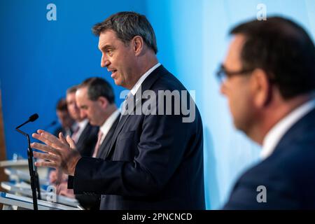 Munich, Germany. 18th Apr, 2023. Markus Söder (CSU), Minister President of Bavaria, attends the final press conference after the Bavarian cabinet meeting. Credit: Peter Kneffel/dpa/Alamy Live News Stock Photo