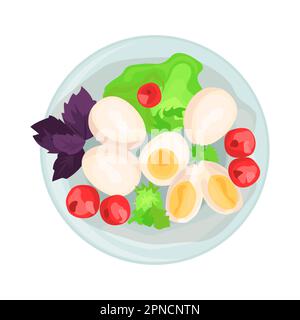 Boiled eggs with tomatoes illustration in color cartoon style. Editable vector graphic design. Stock Vector