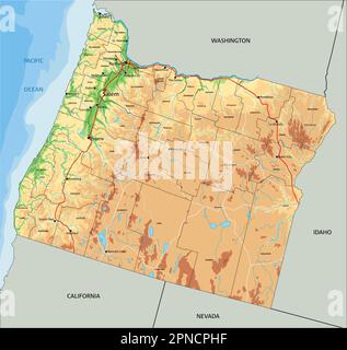 Highly detailed Oregon physical map with labeling. Stock Vector