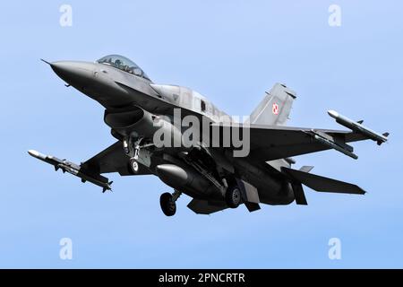 Polish Air Force F-16 fighter jet on final approach at Leeuwarden Air Base. Leeuwarden, The Netherlands - April 19, 2018 Stock Photo