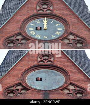 18 April 2023, Brandenburg, Frankfurt (Oder): KOMBO: The two-part picture combo shows Holger Bittner from the company Bittner Glocken- und Turmuhren in the early morning before the assembly of the gilded hands and numerals and in the afternoon after the assembly at a height of 38 meters at an opening of the southern tower clock of the Friedenskirche. On the same day, two employees of the Bittner company had reassembled the restored and newly gilded hands and numerals of the church tower clock, which dates back to about 1900, on the clock face. The clockwork had already been restored by the com Stock Photo