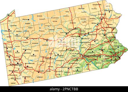 High detailed Pennsylvania physical map with labeling. Stock Vector