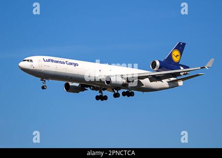 McDonnell Douglas MD-11 transport plane from Lufthansa Cargo arriving at Frankfurt Airport, Germany - September 11, 2019 Stock Photo