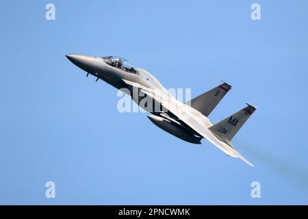 US Air Force F-15 Eagle fighter jet aircraft from the Massachusetts Air National Guard taking off from Leeuwarden air base. The Netherlands - April 19 Stock Photo