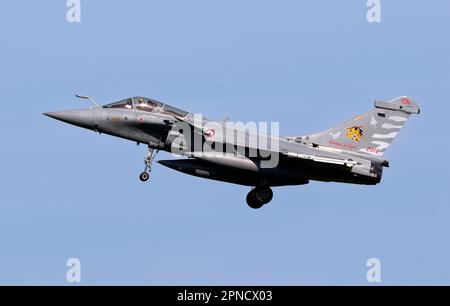 French Air Force Dassault Rafale fighter jet arriving at Leeuwarden air base. The Netherlands - April 19, 2018 Stock Photo