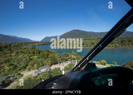 Approaching Milford airport by helicopter, South Island, New Zealand. Stock Photo