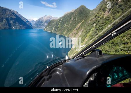 Approaching Milford airport by helicopter, South Island, New Zealand. Stock Photo