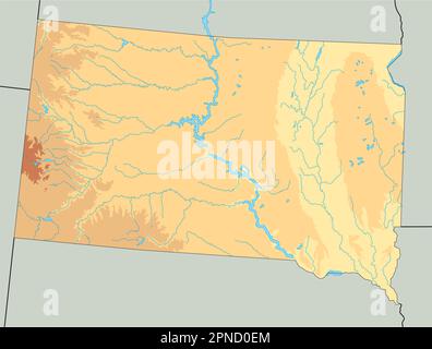 High detailed South Dakota physical map with labeling. Stock Vector