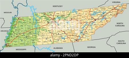 High detailed Tennessee physical map with labeling Stock Vector Image ...