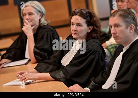 Lawyer Kristel Coppieters, Lawyer Wendy Bosschaerts and Lawyer Thibaud Delva pictured during the jury constitution session at the assizes trial of Betin Azemi before the Assizes Court of Antwerp Province in Antwerp, Tuesday 18 April 2023. Azemi (50) is accused of the murder of Ismet Osmanay (52). The victim was his ex-wife's new partner. He stabbed him to death on June 14, 2021 when the man went to pick up his children at their primary school on the Waterbaan in Deurne. The children witnessed the facts. BELGA PHOTO DIRK WAEM Stock Photo