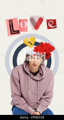 Young guy with sad, desperate face suffering from breakup. End of relationship. Contemporary art collage. Stock Photo