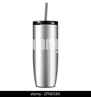 Reusable insulated steel tumbler cup with black lid and metal drinking straw realistic vector mock-up. Travel thermo mug mockup Stock Vector