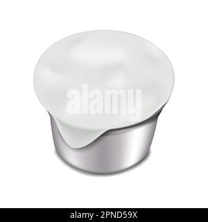 Liquid creamer single packaging vector mockup. Small round plastic container with peel off film lid mock-up. Single serve cream cup package template Stock Vector