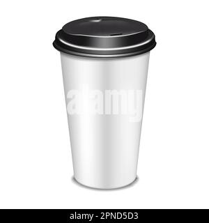 White blank paper takeaway coffee cup with black plastic lid realistic vector mockup Stock Vector