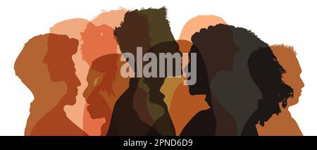 Silhouettes of heads in skin tones overlay as a team and society concept Stock Photo