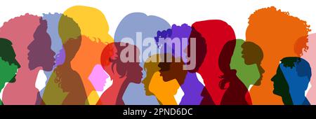 Many people in profile as colorful silhouettes of their heads form society panorama Stock Photo