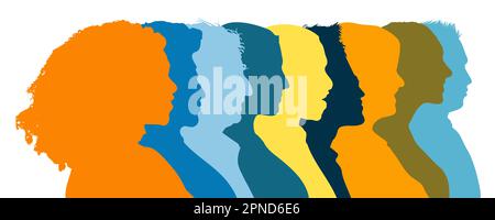 Colorful heads of many people look in one direction as a team and future concept Stock Photo