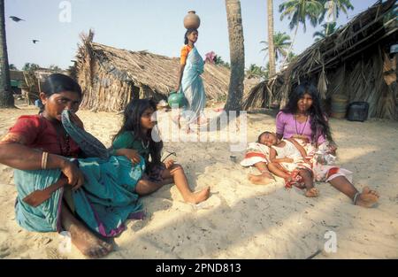 women of a fishing of a Fishing Village on the Coast at the Town of Colva in the Province of Goa in India,  India, Goa, April, 1996 Stock Photo