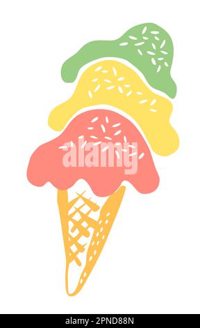 Ice Cream in a waffle cone drawing hand painted with ink brush isolated on white background. Vector illustration Stock Vector