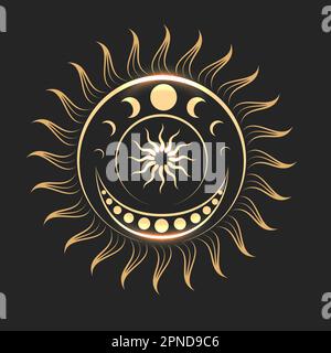 Symbol of Sun and Moon Phases Ancient Esoteric Illustration isolated on black background. Vector illustration. Stock Vector