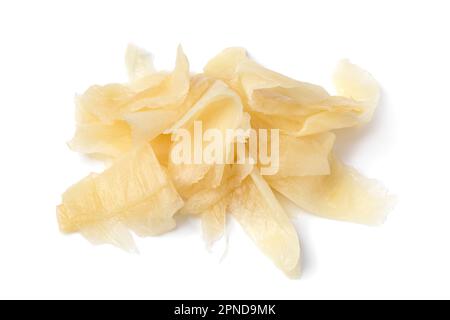 Heap of pickled white Japanese sushi ginger close up isolated on white background Stock Photo