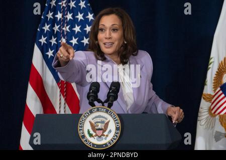 Los Angeles, California, USA. 17th Apr, 2023. United States Vice President Kamala Harris speaks at the Los Angeles Cleantech Incubator (LACI) in Los Angeles, California, US, on Monday, April 17, 2023. LACI, founded by the city of Los Angeles and its department of water and power in 2011, has launched a second fund with support in a bid to back communities that often struggle to raise financing. Credit: Eric Thayer/Pool via CNP/dpa/Alamy Live News Stock Photo