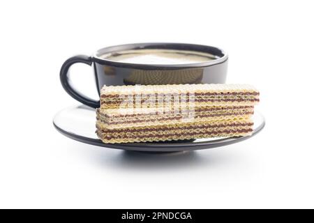 Sweet chocolate wafer and coffee cup isolated on the white background. Stock Photo