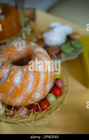 Fresh Cakes Pastries at Easter Holidays Table Stock Photo