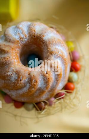 Fresh Cakes Pastries at Easter Holidays Table Stock Photo