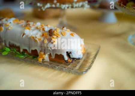 Fresh Cakes Pastries at Easter Holidays Table Stock Photo