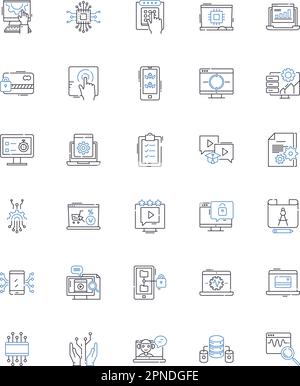 Codebase line icons collection. Repository, Versioning, Commit, Merge, Branches, Collaboration, Review vector and linear illustration. Bugs,Automation Stock Vector