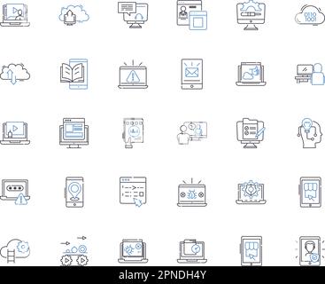 Electronic devices line icons collection. Smartph, Tablet, Laptop, Computer, Printer, Camera, Headphs vector and linear illustration. Keyboard,Mouse Stock Vector
