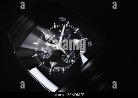 Lengnau, Switzerland - June 18, 2015: Rado Sintra Chrono, Swiss made wristwatch macro studio shot on black background Stock Photo