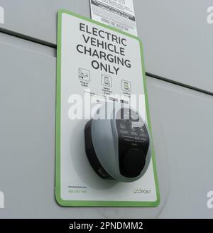 Reading, UK - 16th of April 2023: A Pod-Point electric vehicle charging point seen in a car park. Stock Photo