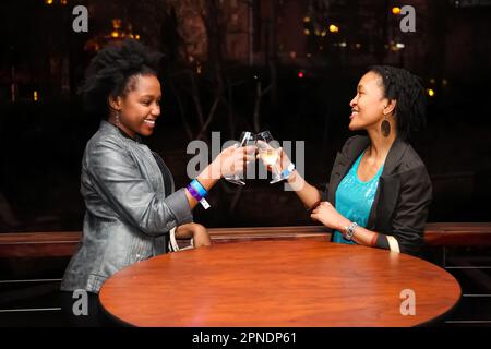 A pair of young African American female professionals having a drink together Stock Photo