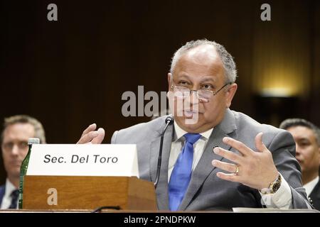 Washington, United States. 18th Apr, 2023. Secretary of the Navy Carlos Del Toro speaks during a Senate Armed Services Committee Hearing in review of the Defense Authorization Request for Fiscal Year 2024 .at the U.S. Capitol in Washington, DC on Tuesday, April 18, 2023. Photo by Bonnie Cash/UPI Credit: UPI/Alamy Live News Stock Photo