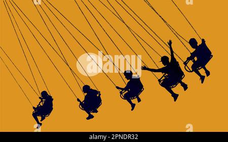 Kids ride a carnival swing ride at sunset in this vector image. Stock Vector