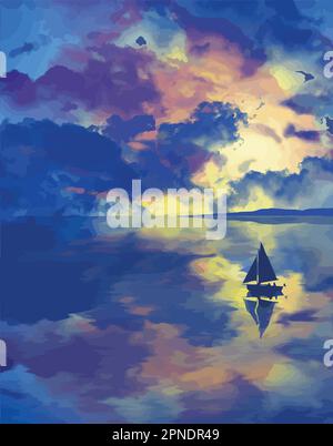 A beautiful twilight sky with colorful clouds is reflected in a lake where a sailboat is floating. This is a vector image. Stock Vector