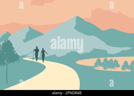 A man and woman hike a path in a mountain landscape with a lake and forest nearby. This is vector image. Stock Vector