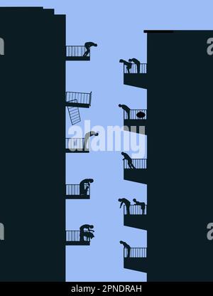 Everyone on their apartment balconies looks down after discovering a broken railing on one neighbor's patio at a high rise apartment building. Vector. Stock Vector