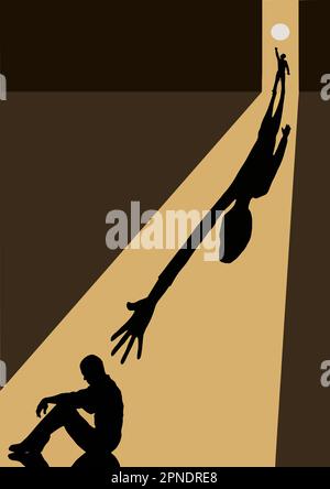 Sunlight cast the shadow of some reaching out to help a friend in trouble in this vector image. Stock Vector