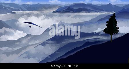 A person hang glides over a foggy mountain valley in a beautiful vector image. Stock Vector