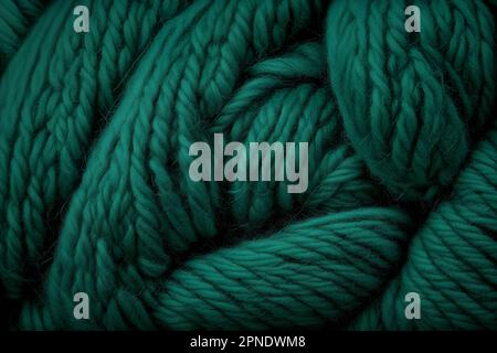 Bright pine green woolen threads. Braids from yarn macro view knitting hobby needlework. Handmade natural rope skein warm clothes. Traditional Stock Photo