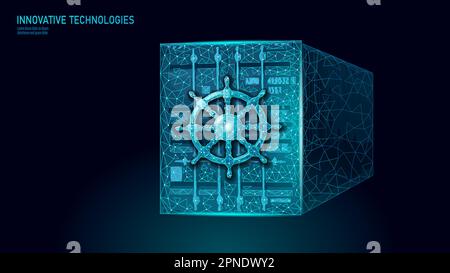 Wheel helm on container computer developer app concept. Business digital open source program. Data coding steering 3D low polygonal vector line Stock Vector