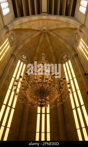 Alicante, Spain- April 14, 2023: Crystal Chandelier lamp hanging at the Archaeological Museum of Alicante Stock Photo