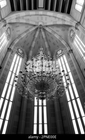 Alicante, Spain- April 14, 2023: Crystal Chandelier lamp hanging at the Archaeological Museum of Alicante Stock Photo