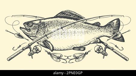 Big fish, crossed rods and tackle emblem. Fishing, outdoor sports lifestyle concept, sketch vintage vector illustration Stock Vector