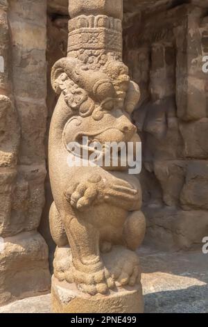 Old sculpture of mythological lion at Kailasanatha temple, Kanchipuram (Kancheepuram Kanjivaram), Tamil-Nadu, India. Stock Photo